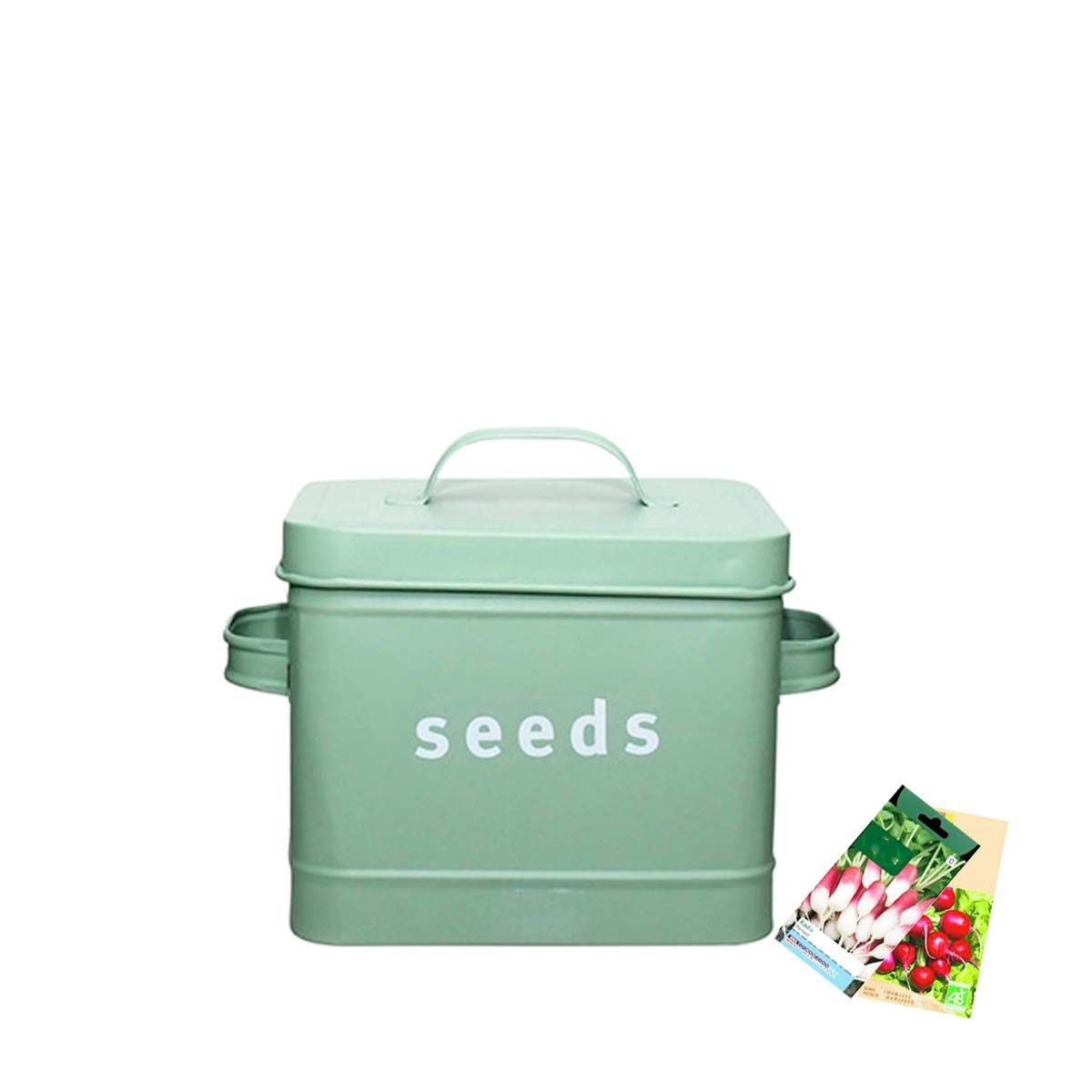 Boîte en métal vert clair pour graines - Rangement jardin - ON
