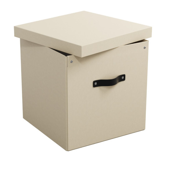 Boîte de rangement cube en carton beige avec couvercle et poignée